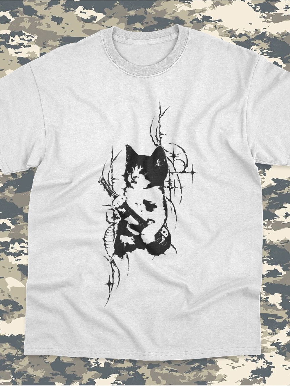 White Cat Graphic Tee with Black Print - Unbranded